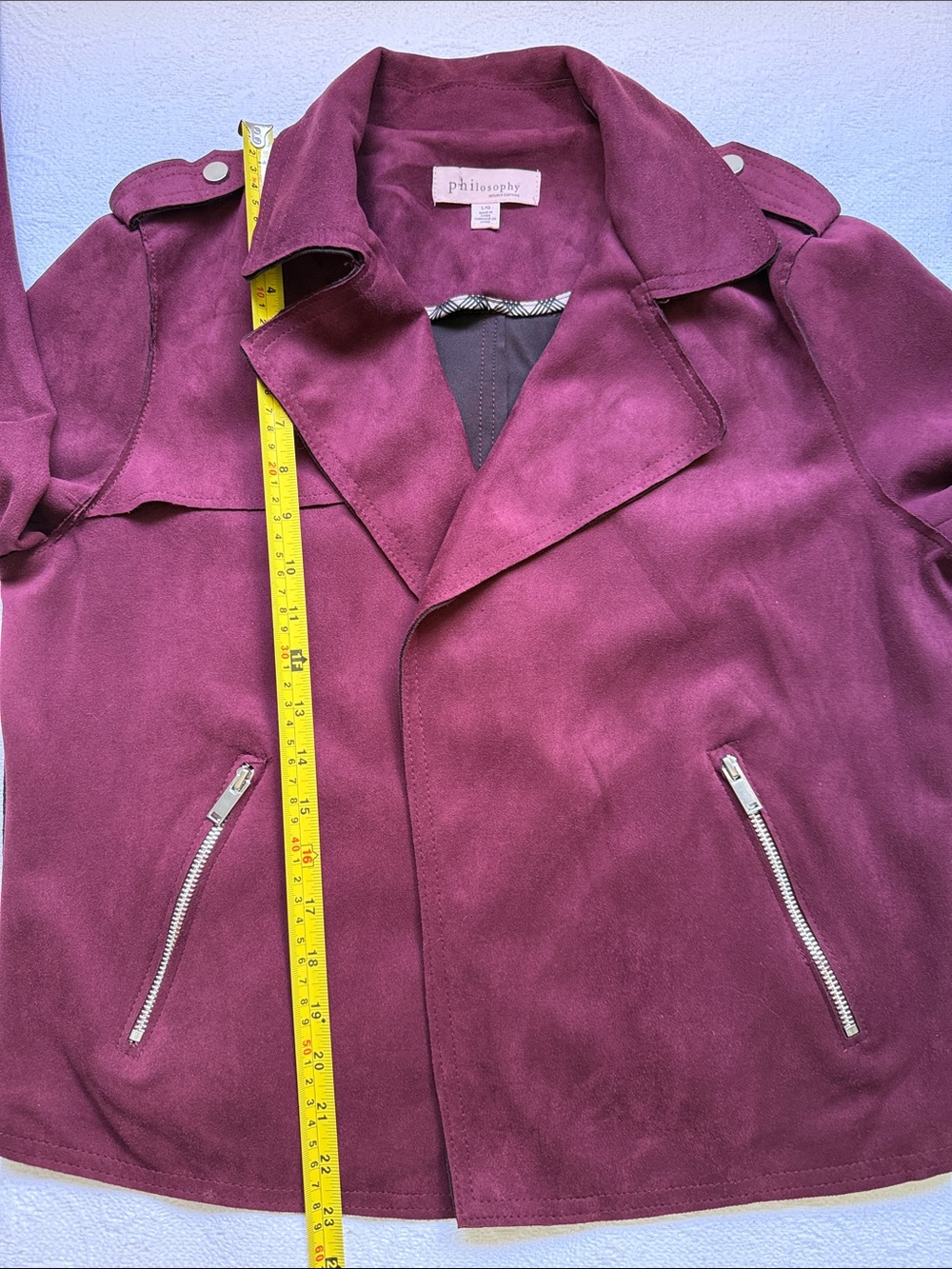 Philosophy Suede-Look Moto Jacket in Burgundy Red size L Chic Zip Detail Biker - Picture 9 of 16